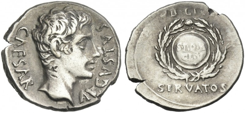 Octavian as Augustus, 27 BC – 14 AD. 
Denarius, Colonia Patricia circa 19 BC, A...