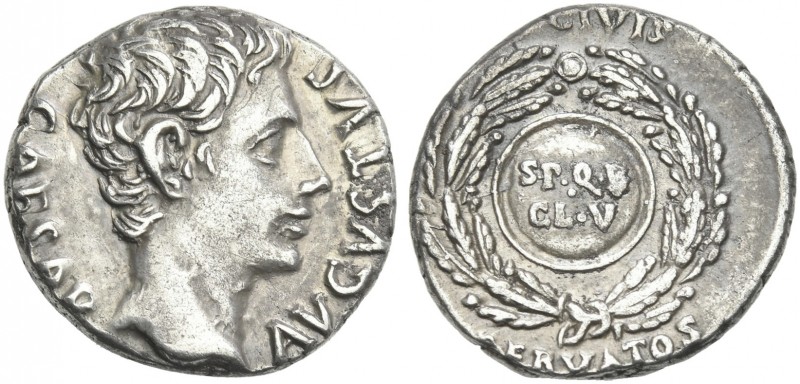 Octavian as Augustus, 27 BC – 14 AD. 
Denarius, Colonia Patricia circa 19 BC, A...
