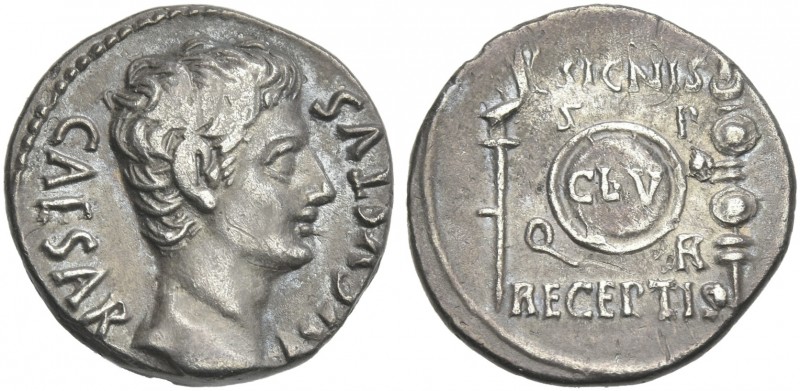 Octavian as Augustus, 27 BC – 14 AD. 
Denarius, Colonia Patricia (?) circa 19 B...