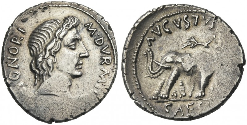 Octavian as Augustus, 27 BC – 14 AD. 
M. Durmius. Denarius circa 19 BC, AR 20 m...