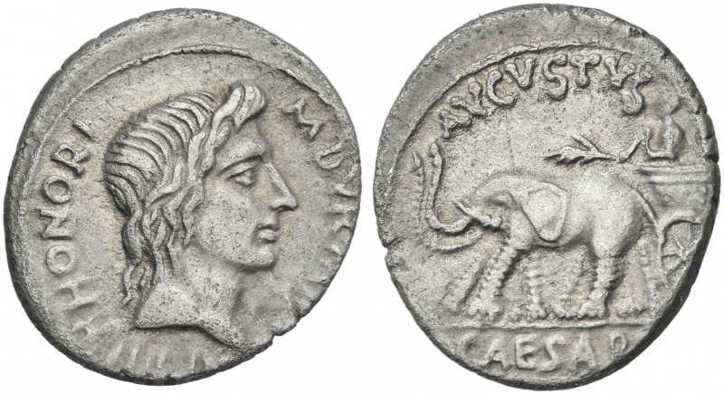 Octavian as Augustus, 27 BC – 14 AD.
M. Durmius. Denarius circa 19 BC, AR 18 mm...