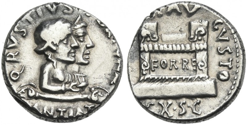 Octavian as Augustus, 27 BC – 14 AD.
Q. Rustius. Denarius circa 19 BC, AR 17 mm...