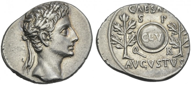 Octavian as Augustus, 27 BC – 14 AD. 
Denarius, Caesareaugusta circa 19-18, AR ...