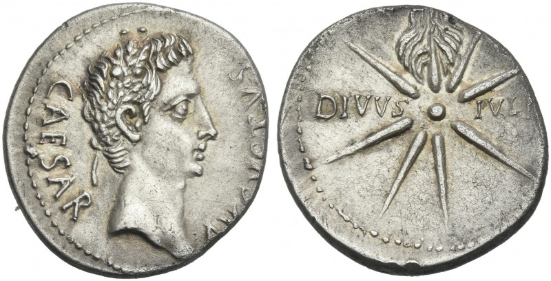 Octavian as Augustus, 27 BC – 14 AD. 
Denarius, Caesaraugusta circa 19–18 BC, A...