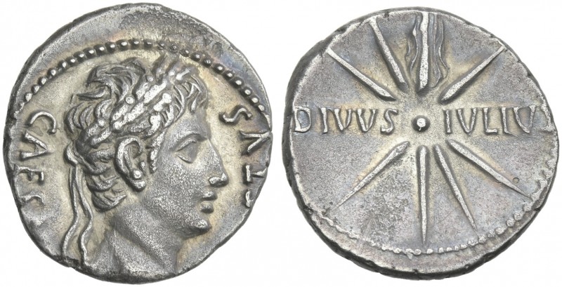 Octavian as Augustus, 27 BC – 14 AD. 
Denarius, Caesaraugusta circa 19–18 BC, A...