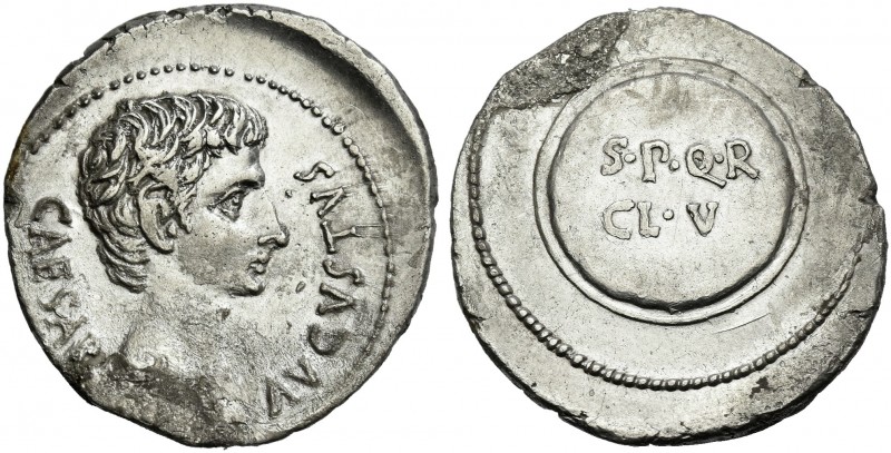 Octavian as Augustus, 27 BC – 14 AD. 
Denarius, Caesaraugusta circa 19-18 BC, A...