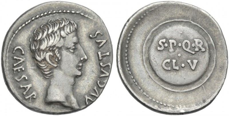 Octavian as Augustus, 27 BC – 14 AD. 
Denarius, Caesaraugusta circa 19-18 BC, A...