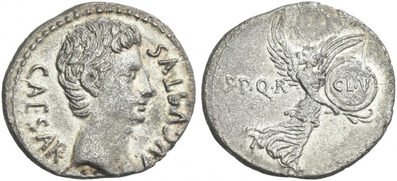 Octavian as Augustus, 27 BC – 14 AD. 
Denarius, Colonia Patricia 19-18 BC, AR 2...