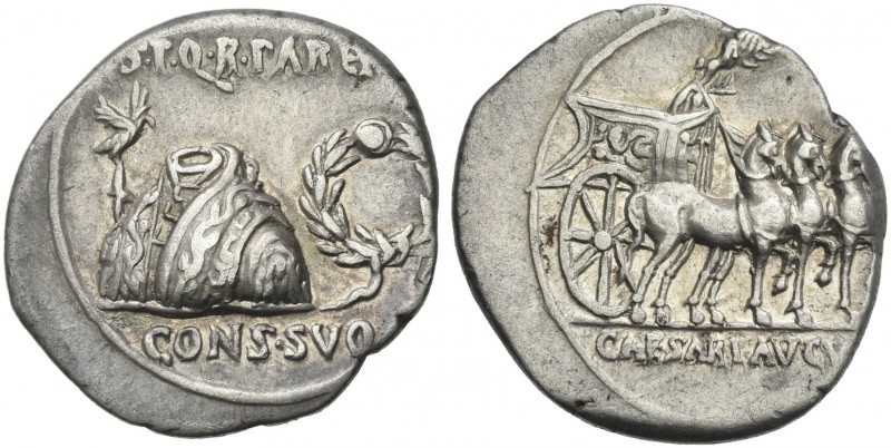 Octavian as Augustus, 27 BC – 14 AD. 
Denarius, Colonia Patricia circa 18 BC, A...