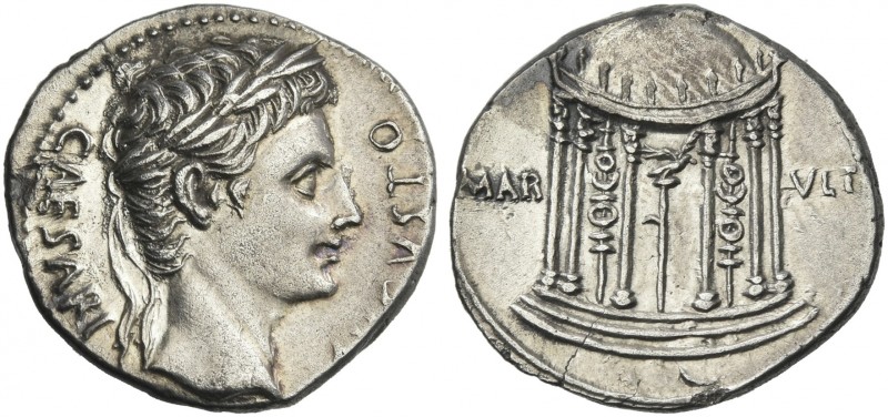 Octavian as Augustus, 27 BC – 14 AD. 
Denarius, Colonia Patricia (?) circa 18 B...