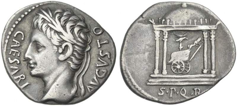 Octavian as Augustus, 27 BC – 14 AD. 
Denarius, Colonia Patricia (?) circa 18 B...
