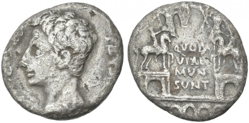 Octavian as Augustus, 27 BC – 14 AD. 
Plated denarius, Colonia Patricia (?) cir...