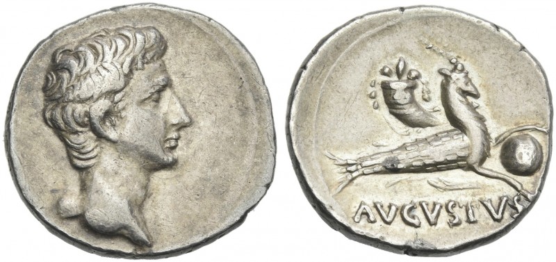 Octavian as Augustus, 27 BC – 14 AD. 
Denarius, Colonia Patricia (?) circa 18-1...