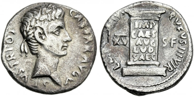 Octavian as Augustus, 27 BC – 14 AD. 
L. Mescinius Rufus. Denarius 16 BC, AR 19...