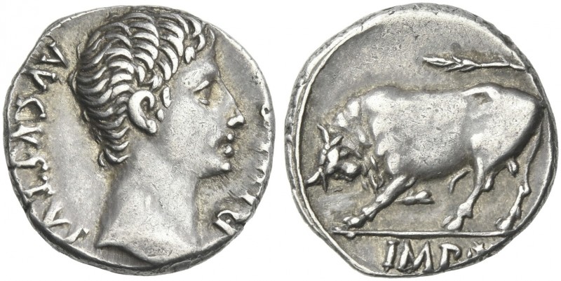 Octavian as Augustus, 27 BC – 14 AD. 
Denarius, Lugdunum 15-13 BC, AR 17 mm, 3....