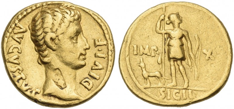 Octavian as Augustus, 27 BC – 14 AD.
Aureus, Lugdunum circa 15-13 BC, AV 20 mm,...