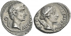 Augustus. L. Marius C.f. Tromentina. Denarius 13 BC. Very rare.Ex Hess 22 May 1935, Trau, 282.