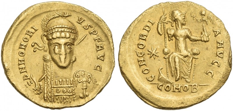 Honorius, 393 – 423.
Solidus, Thessalonica 408-420, AV 21 mm, 4.43 g. D N HONOR...