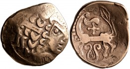 CELTIC, Northeast Gaul. Leuci. 2nd century BC. Stater (Electrum, 22 mm, 7.17 g, 10 h), 'au cheval retournant la tête' type. Celticized laureate male h...