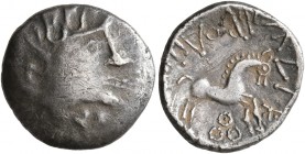 CELTIC, Northeast Gaul. Suessiones. Circa 100-50 BC. Quinarius (Silver, 15 mm, 2.46 g, 7 h). [NIDE] Celticized male head to right. Rev. AΛABPOΔIIOC Ho...