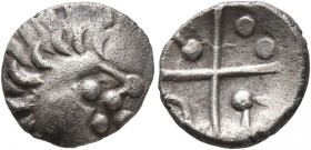 CELTIC, Central Europe. Vindelici. Mid 1st century BC. Quinarius (Silver, 13 mm, 1.77 g), 'Kreuzquinar - Schönaich II' type. Celticized male head with...