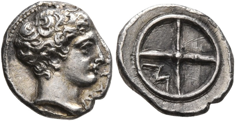 GAUL. Massalia. Circa 410-380 BC. Obol (Silver, 10 mm, 0.72 g). MAΣΣAΛ Horned he...