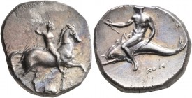 CALABRIA. Tarentum. Circa 302-290 BC. Didrachm or Nomos (Silver, 22 mm, 7.88 g, 3 h), Sa... and Kon..., magistrates. Nude youth riding horse walking t...