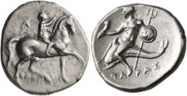 CALABRIA. Tarentum. Circa 280-272 BC. Didrachm or Nomos (Silver, 22 mm, 6.61 g, 10 h), Ar.. and Damylos, magistrates. Nude youth riding horse walking ...