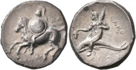 CALABRIA. Tarentum. Circa 280-272 BC. Didrachm or Nomos (Subaeratus, 21 mm, 6.04 g, 5 h), Zo..., Apollo..., and Anth..., magistrates. Warrior on horse...