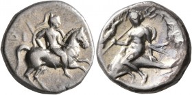 CALABRIA. Tarentum. Circa 272-240 BC. Didrachm or Nomos (Silver, 19 mm, 6.44 g, 3 h), Di... and Apollonios, magistrates. Nude rider on horse galloping...