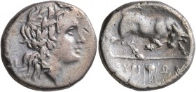 LUCANIA. Thourioi. Circa 280-213 BC. Didrachm or Nomos (Silver, 20 mm, 6.23 g, 2 h). Laureate head of Apollo to right. Rev. ΘΟΥΡΙΩΝ Bull butting to ri...