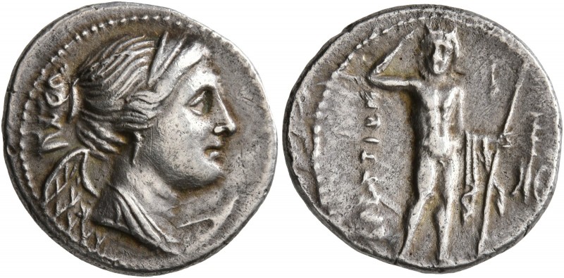 BRUTTIUM. The Brettii. Circa 216-214 BC. Drachm (Silver, 19 mm, 4.37 g, 5 h). Di...