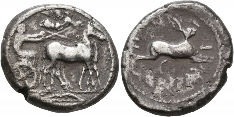 SICILY. Messana. 455-451 BC. Tetradrachm (Silver, 27 mm, 17.11 g, 1 h). Chariote...