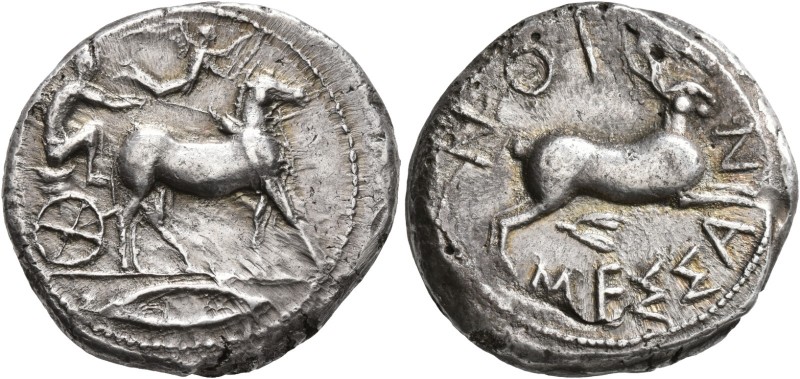 SICILY. Messana. 445-439 BC. Tetradrachm (Silver, 26 mm, 17.13 g, 2 h). Chariote...