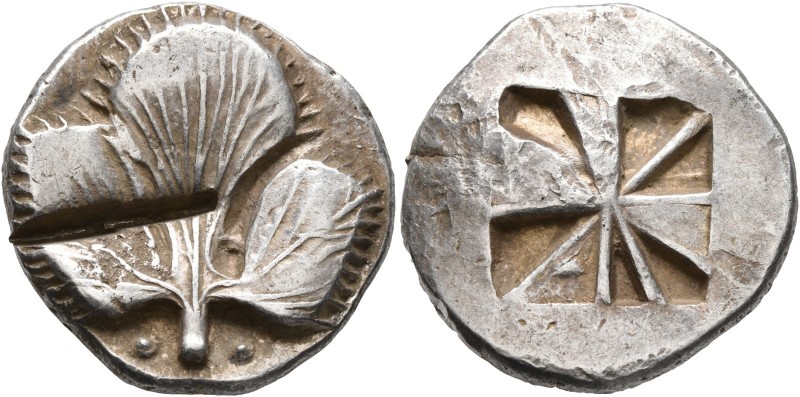 SICILY. Selinos. Circa 540-515 BC. Didrachm (Silver, 22 mm, 8.77 g). Selinon lea...