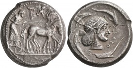 SICILY. Syracuse. Deinomenid Tyranny, 485-466 BC. Tetradrachm (Silver, 24 mm, 17.00 g, 4 h), circa 480-475. Charioteer driving quadriga walking to rig...