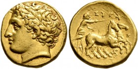 SICILY. Syracuse. Agathokles, 317-289 BC. 50 Litrai or Dekadrachm (Gold, 15 mm, 4.29 g, 2 h), circa 317-310. Laureate head of Apollo to left. Rev. ΣYP...