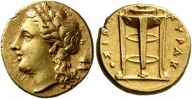 SICILY. Syracuse. Agathokles, 317-289 BC. 50 Litrai or Hemistater (Electrum, 15 mm, 3.59 g, 4 h), circa 310-306/5. Laureate head of Apollo to left; be...