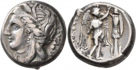SICILY. Syracuse. Agathokles, 317-289 BC. Tetradrachm (Silver, 22 mm, 17.13 g, 8 h), circa 310-306/5. KOPAΣ Head of Kore to left, wearing wreath of gr...