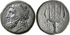 SICILY. Syracuse. Hieron II, 275-215 BC. AE (Bronze, 23 mm, 9.39 g, 9 h). Diademed head of Poseidon to left. Rev. IEP-ΩNOΣ Ornate trident head flanked...