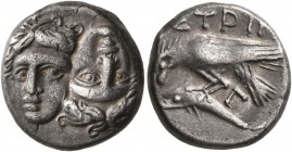 MOESIA. Istros. Circa 340/30-313 BC. Drachm (Silver, 16 mm, 5.55 g, 1 h). Two facing male heads side by side, one upright and the other inverted. Rev....
