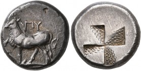 THRACE. Byzantion. Circa 340-320 BC. Siglos (Silver, 15 mm, 5.60 g). ΠY Bull standing left on dolphin left. Rev. Quadripartite incuse square of mill s...