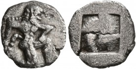 ISLANDS OFF THRACE, Thasos. Circa 500-480 BC. Diobol (Silver, 11 mm, 0.86 g). Satyr running right in kneeling stance. Rev. Quadripartite incuse square...