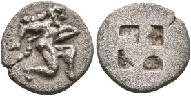 ISLANDS OFF THRACE, Thasos. Circa 500-480 BC. Diobol (Silver, 11 mm, 1.00 g). Satyr running right in kneeling stance. Rev. Quadripartite incuse square...
