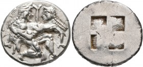 ISLANDS OFF THRACE, Thasos. Circa 500-463 BC. Stater (Silver, 23 mm, 9.87 g). Nude ithyphallic satyr, with long beard and long hair, moving right in '...