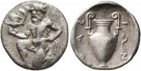 ISLANDS OFF THRACE, Thasos. Circa 412-404 BC. Trihemiobol (Silver, 13 mm, 0.79 g, 10 h). Bald satyr kneeling half-left, holding kantharos in his right...