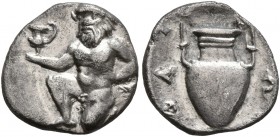 ISLANDS OFF THRACE, Thasos. Circa 412-404 BC. Trihemiobol (Silver, 12 mm, 0.91 g, 12 h). Bald satyr kneeling half-left, holding kantharos in his right...