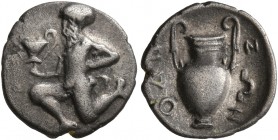 ISLANDS OFF THRACE, Thasos. Circa 412-404 BC. Trihemiobol (Silver, 11 mm, 0.65 g, 9 h). Bald satyr kneeling left, holding kantharos in his right hand ...