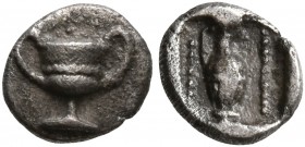 THRACO-MACEDONIAN REGION. Uncertain. Circa 5th century BC. Hemiobol (Silver, 7 mm, 0.23 g, 6 h). Kantharos. Rev. Oinochoe within dotted square within ...