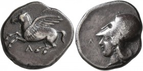 AKARNANIA. Leukas. Circa 375-350 BC. Stater (Silver, 21 mm, 8.41 g, 8 h). Λ Pegasos flying left. Rev. Λ-[E-Y] Head of Athena to left, wearing Corinthi...